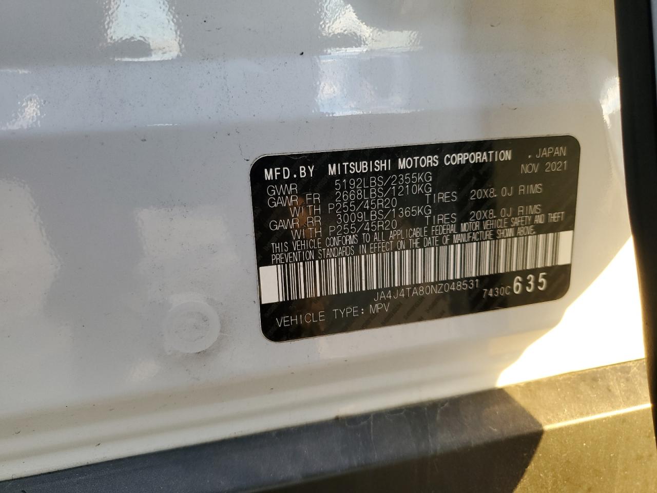 2022 MITSUBISHI OUTLANDER ES VIN:JA4J4TA80NZ048531