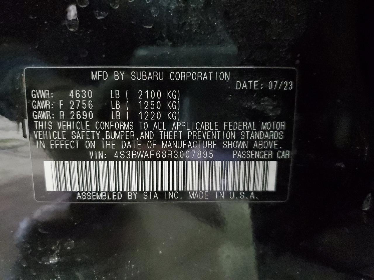 2024 SUBARU LEGACY PREMIUM VIN:4S3BWAF68R3007895