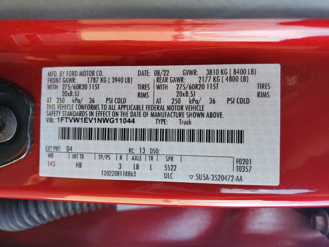 2022 FORD F150 LIGHTNING PRO VIN:1FTVW1EV1NWG11044