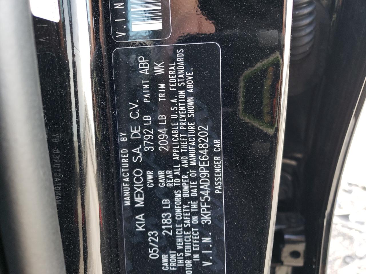 2023 KIA FORTE GT LINE VIN:3KPF54AD9PE648202