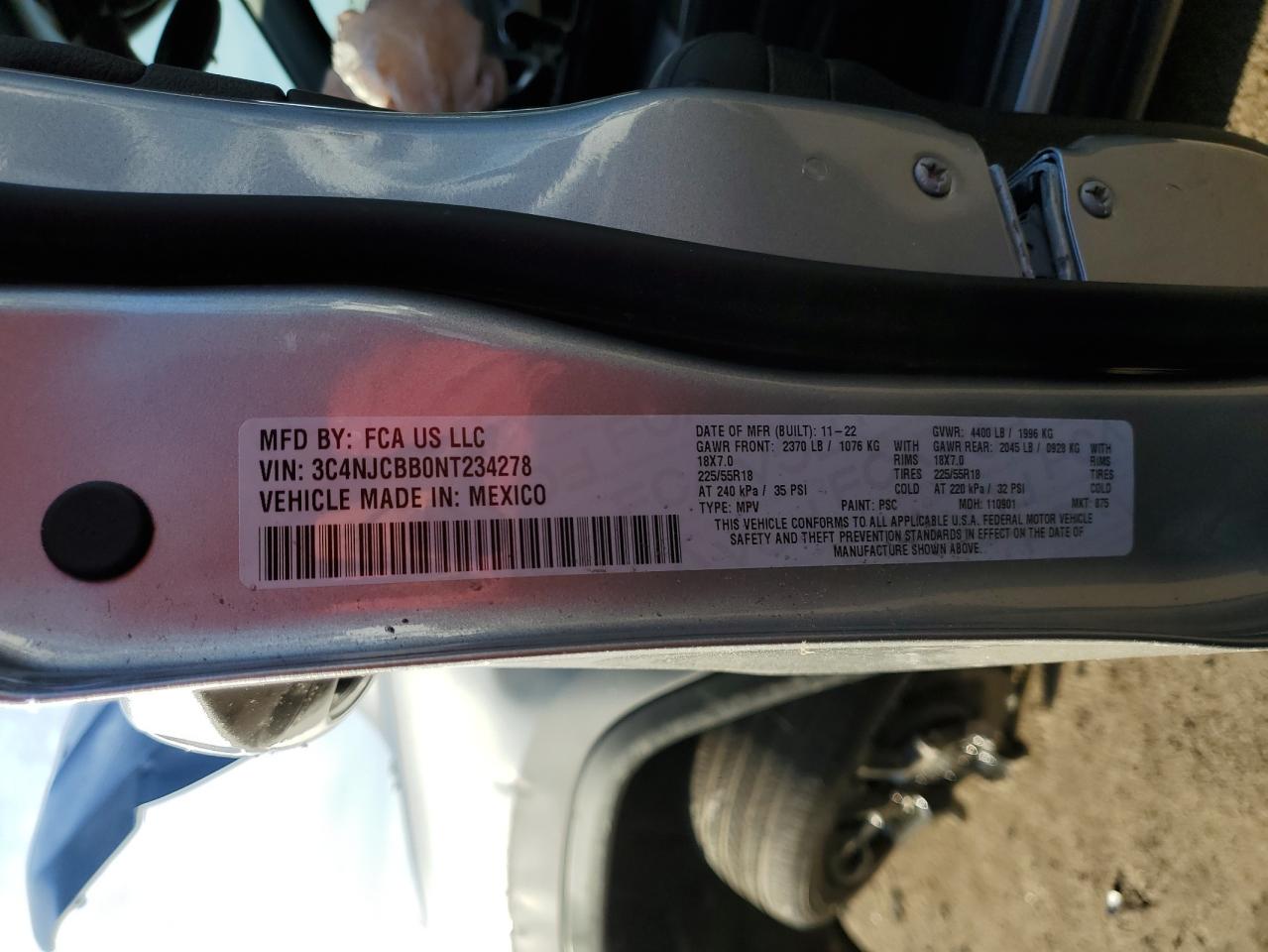 2022 JEEP COMPASS LATITUDE VIN:3C4NJCBB0NT234278