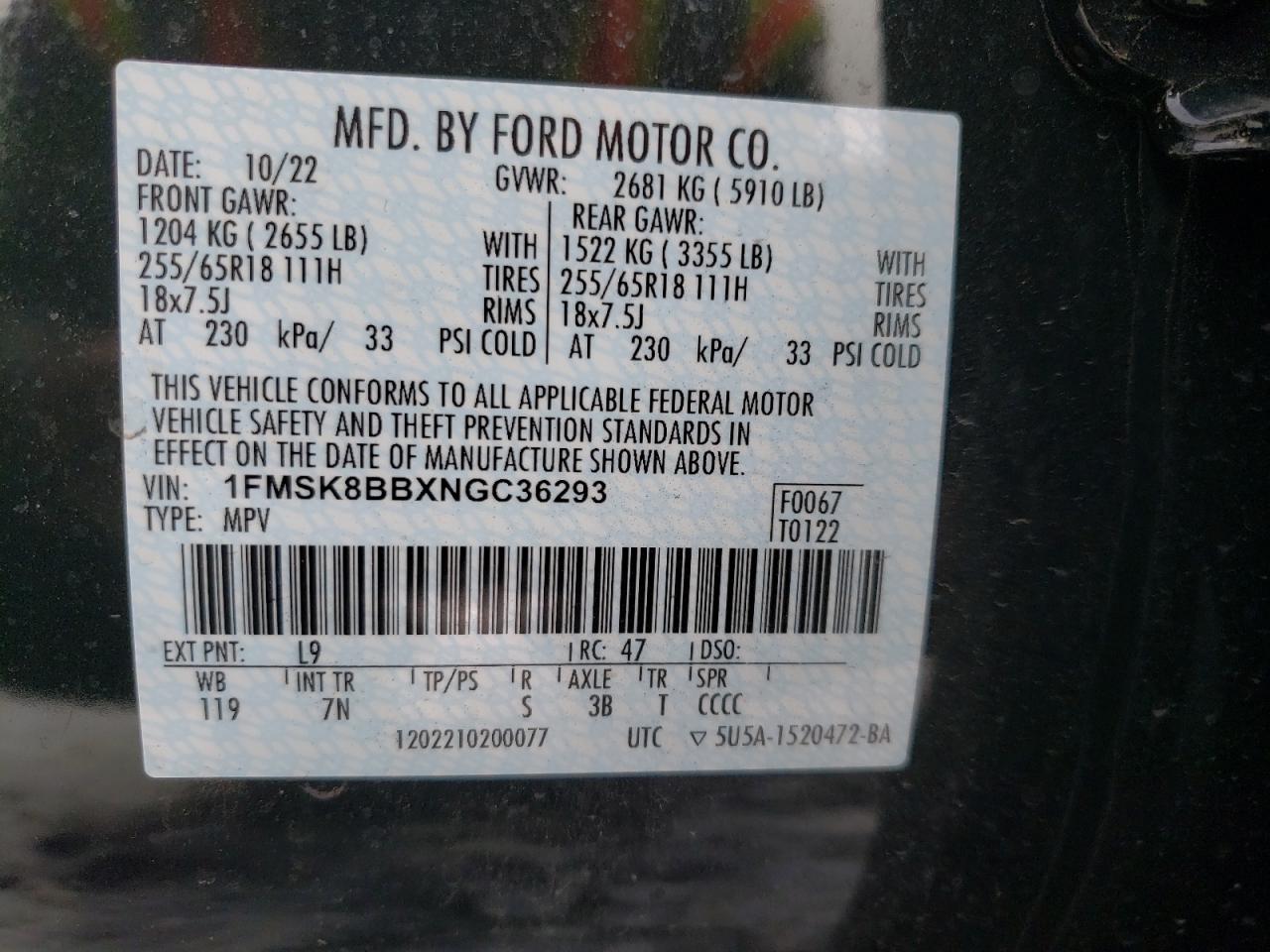2022 FORD EXPLORER VIN:1FMSK8BBXNGC36293