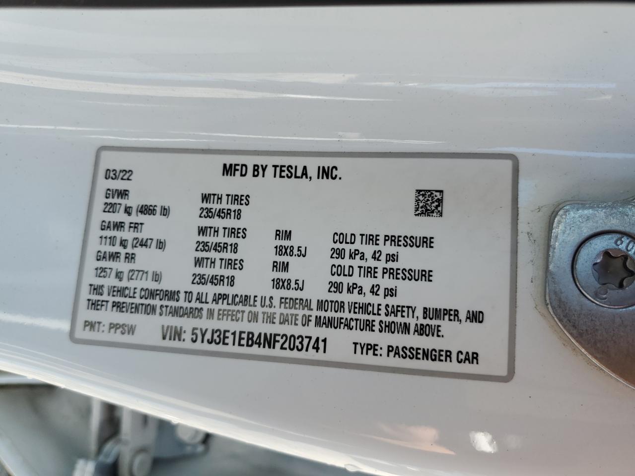 2022 TESLA MODEL 3 VIN:5YJ3E1EB4NF203741