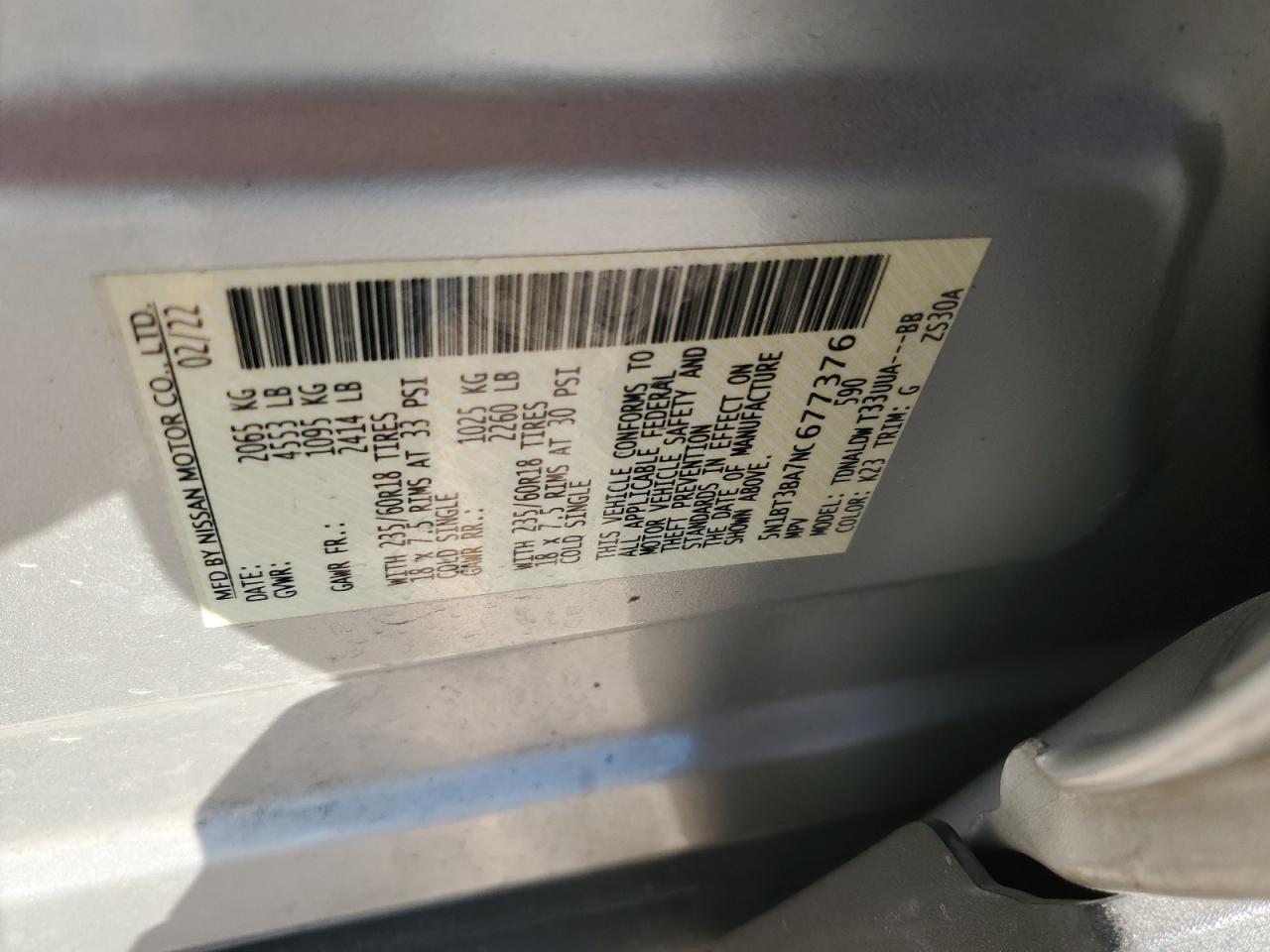 2022 NISSAN ROGUE SV VIN:5N1BT3BA7NC677376