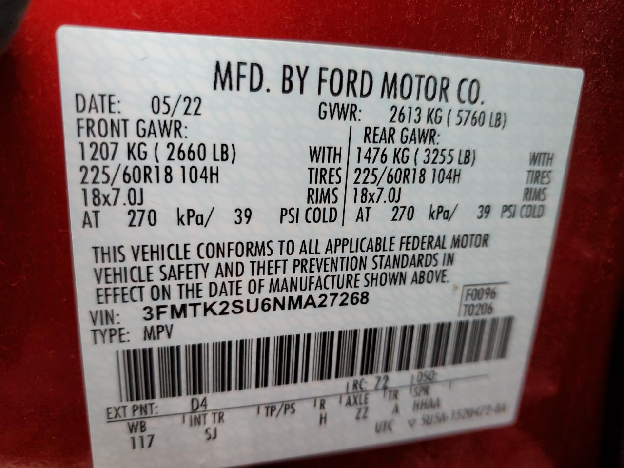 2022 FORD MUSTANG MACH-E CALIFORNIA ROUTE 1 VIN:3FMTK2SU6NMA27268