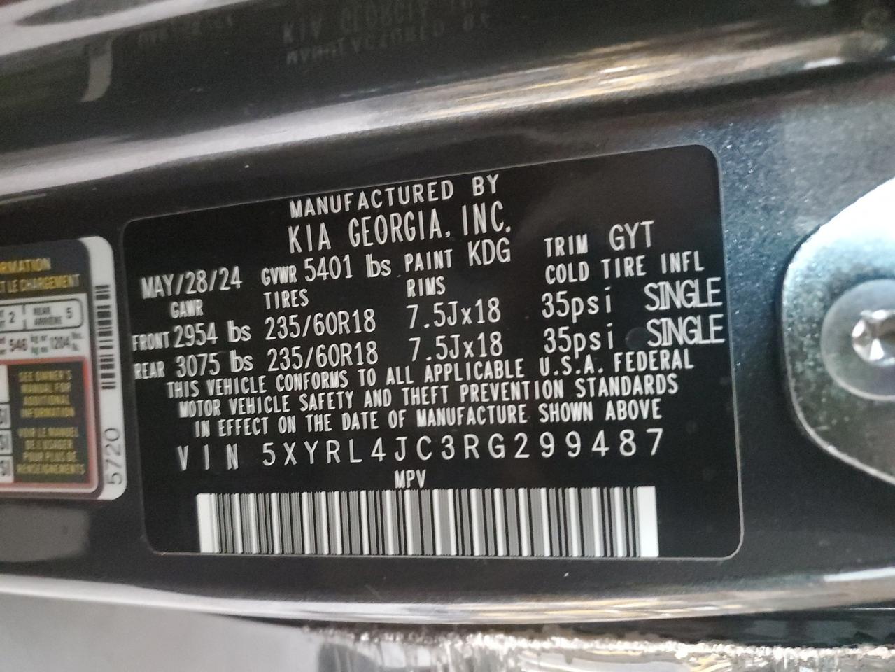 2024 KIA SORENTO S VIN:5XYRL4JC3RG299487
