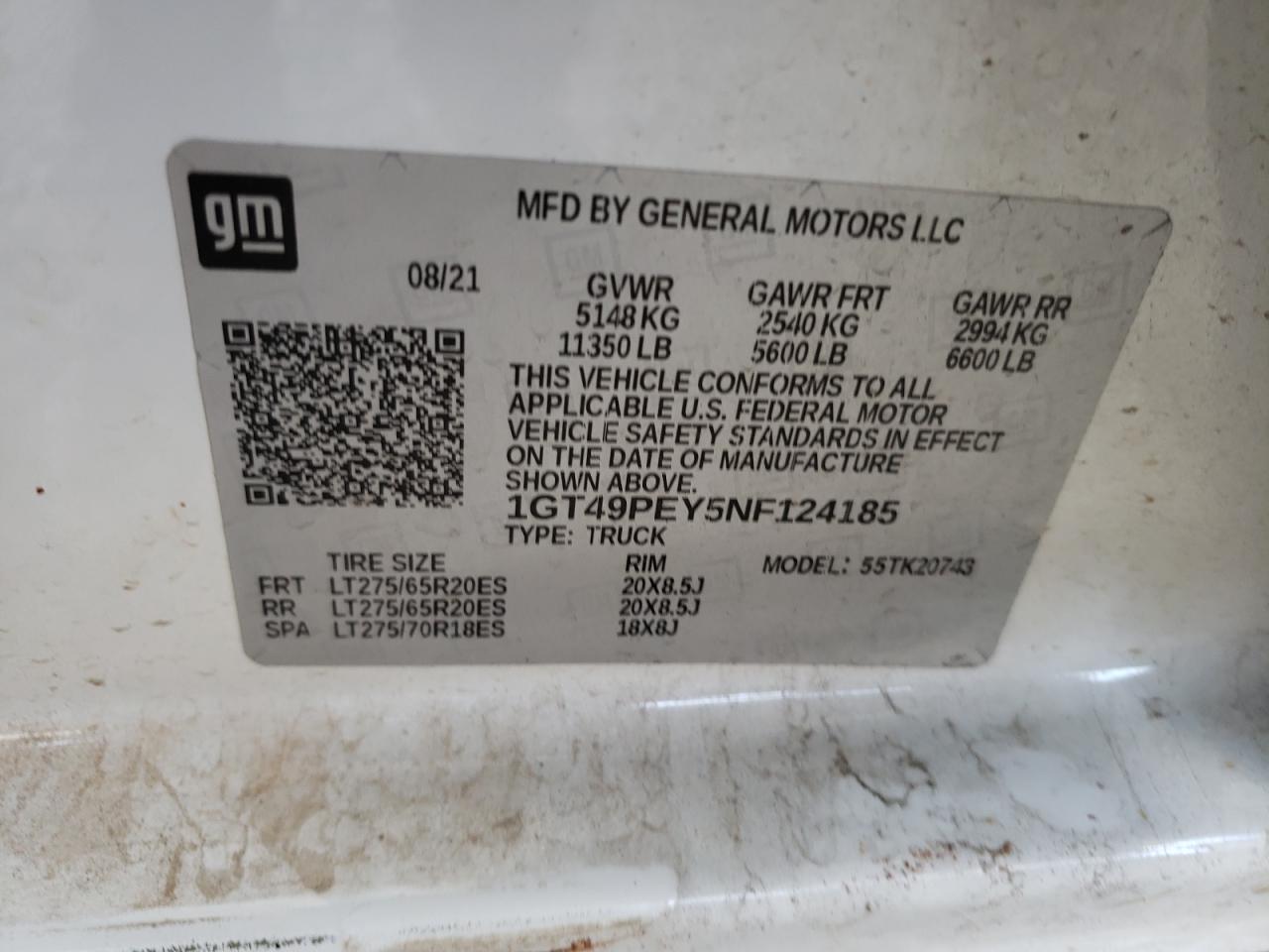 2022 GMC SIERRA K2500 AT4 VIN:1GT49PEY5NF124185