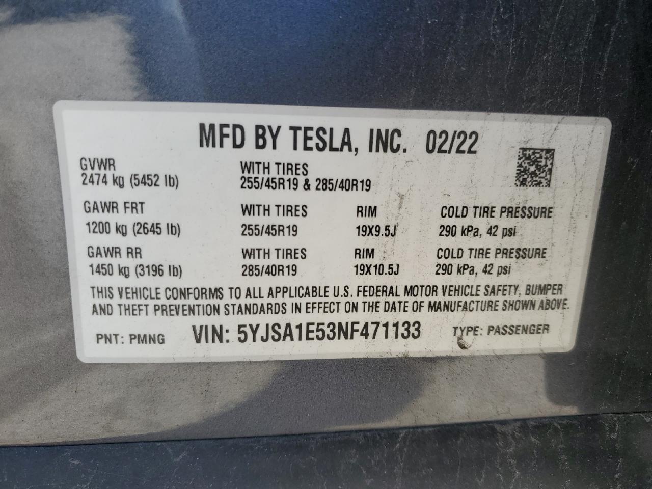 2022 TESLA MODEL S VIN:5YJSA1E53NF471133