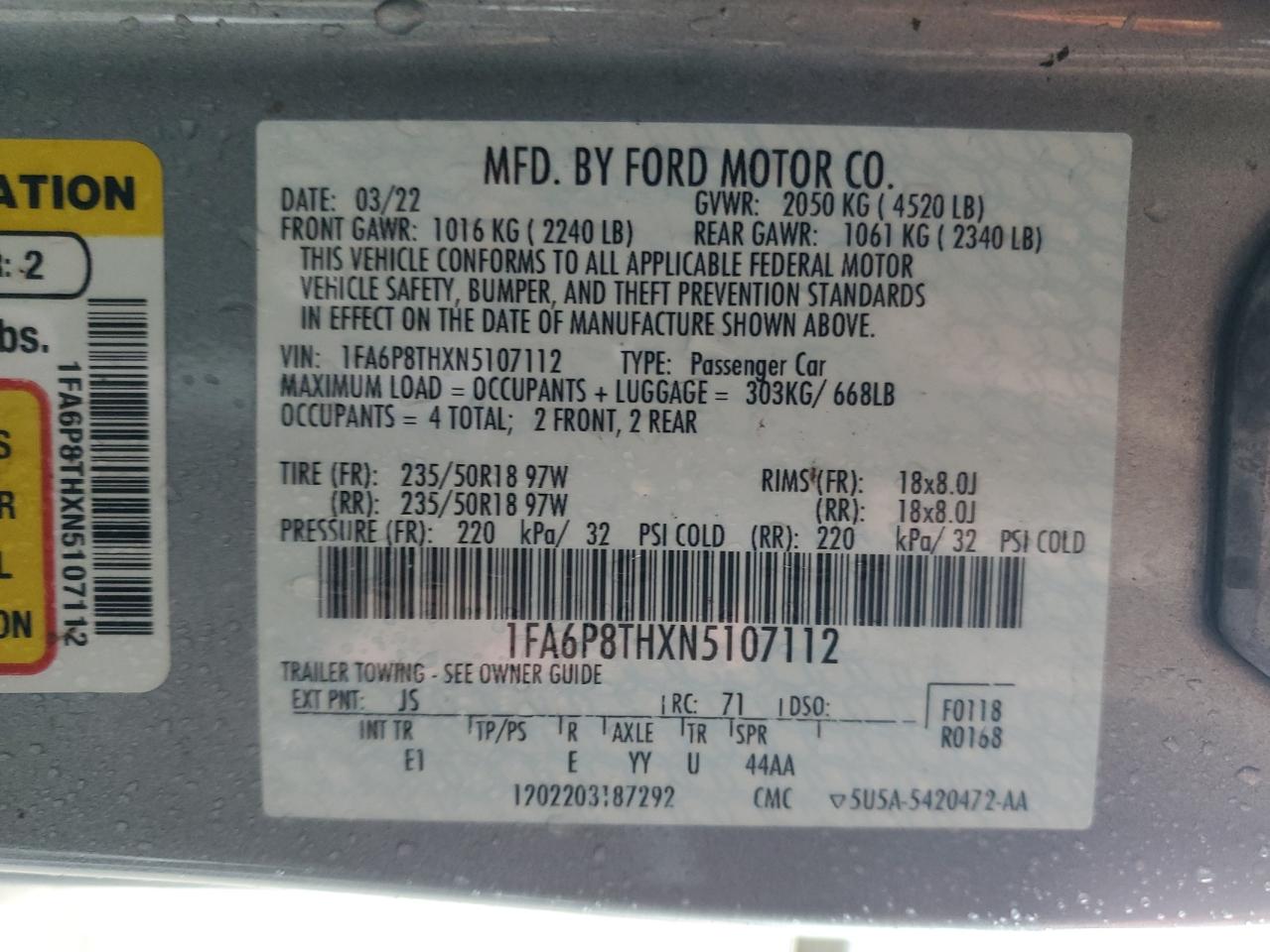 2022 FORD MUSTANG VIN:1FA6P8THXN5107112