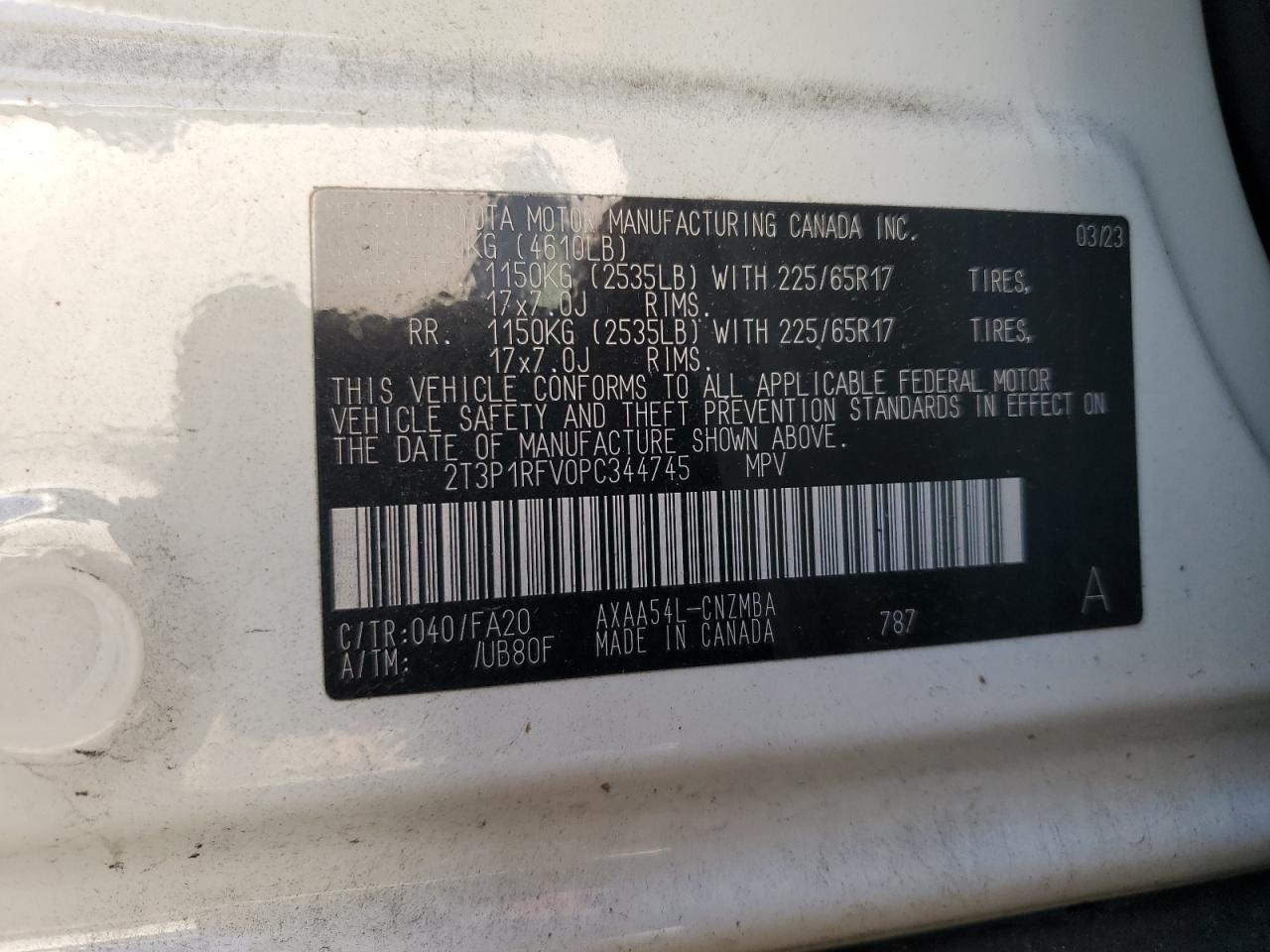 2023 TOYOTA RAV4 XLE VIN:2T3P1RFV0PC344745