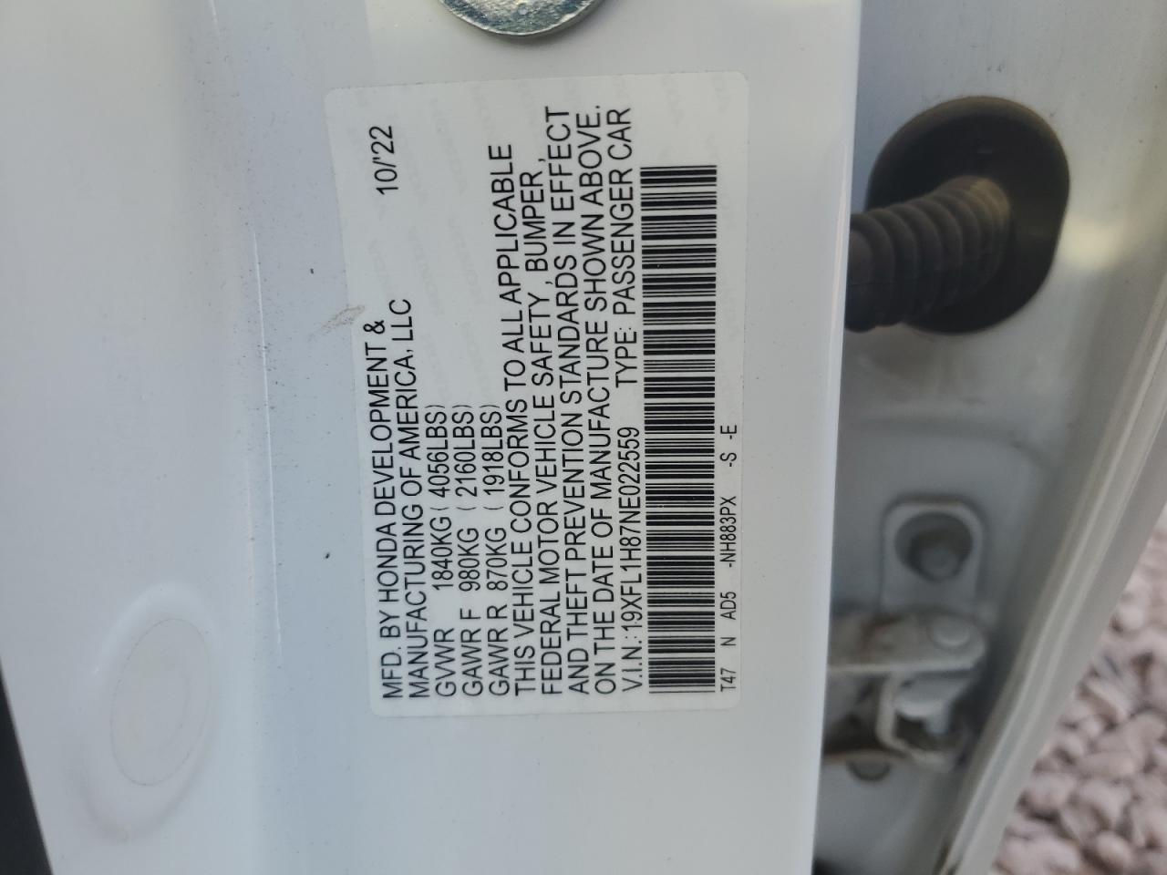2022 HONDA CIVIC SPORT TOURING VIN:19XFL1H87NE022559