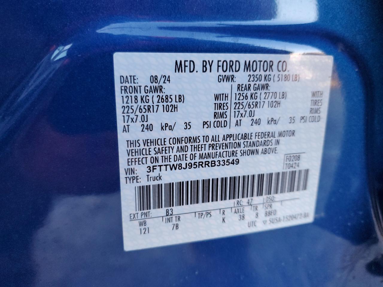2024 FORD MAVERICK XLT VIN:3FTTW8J95RRB33549