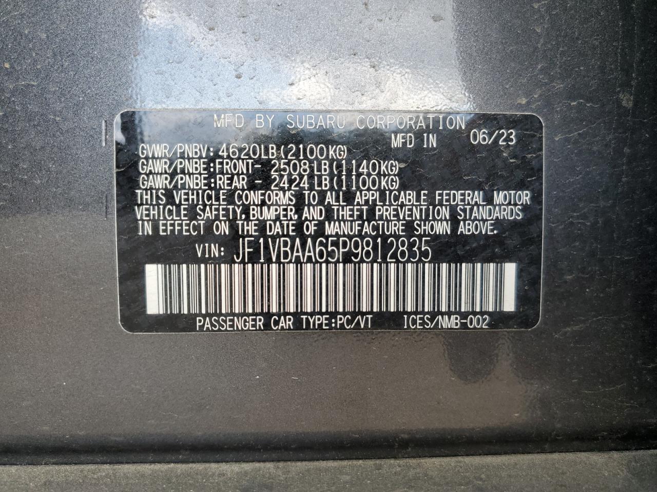 2023 SUBARU WRX VIN:JF1VBAA65P9812835