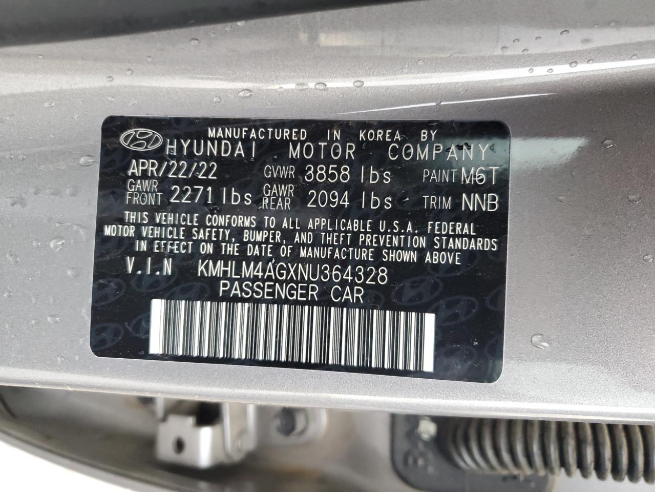 2022 HYUNDAI ELANTRA SEL VIN:KMHLM4AGXNU364328