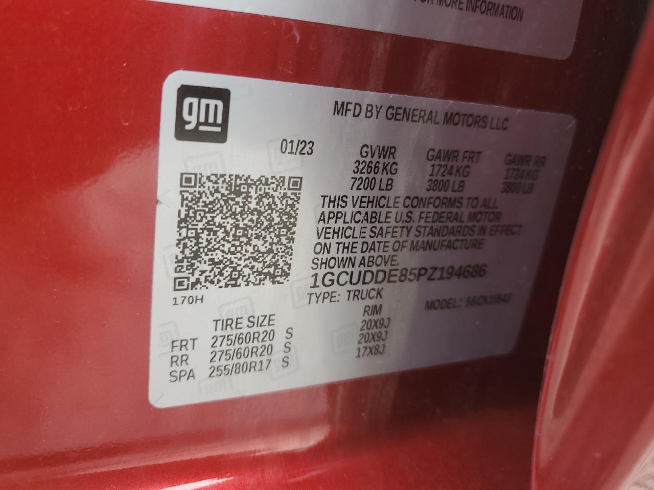 2023 CHEVROLET SILVERADO K1500 LT VIN:1GCUDDE85PZ194686