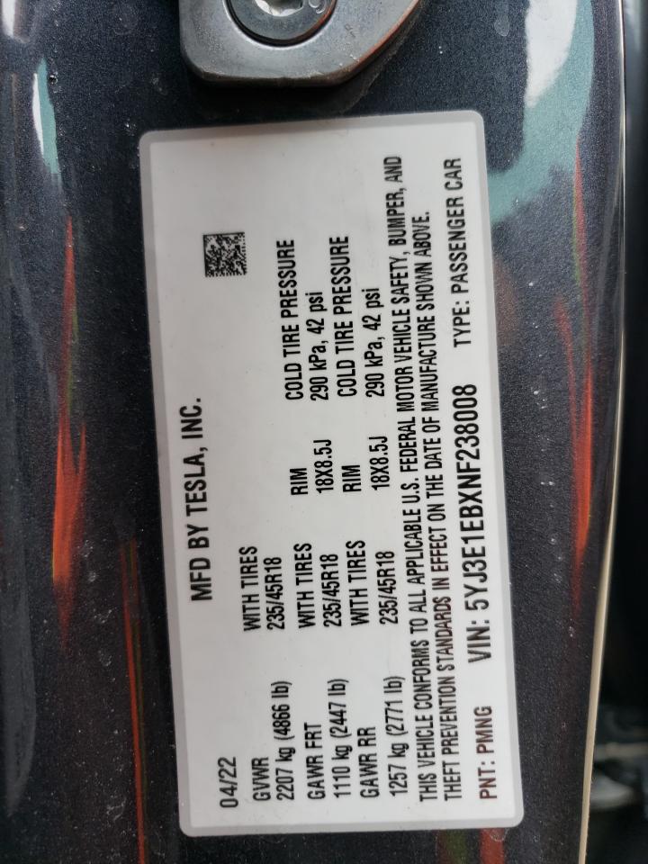 2022 TESLA MODEL 3 VIN:5YJ3E1EBXNF238008