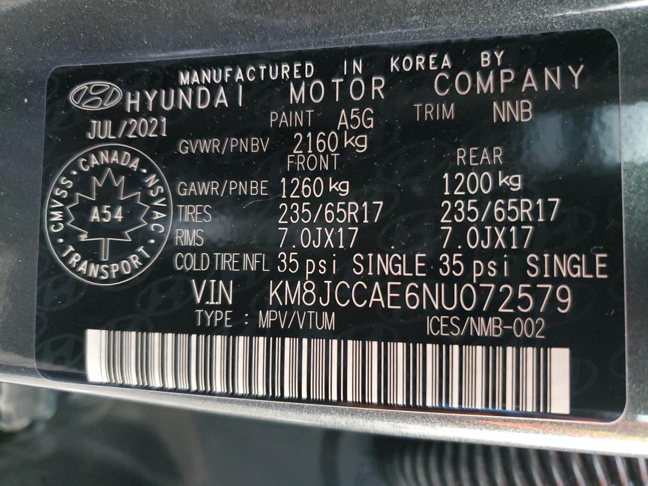 2022 HYUNDAI TUCSON SEL VIN:KM8JCCAE6NU072579