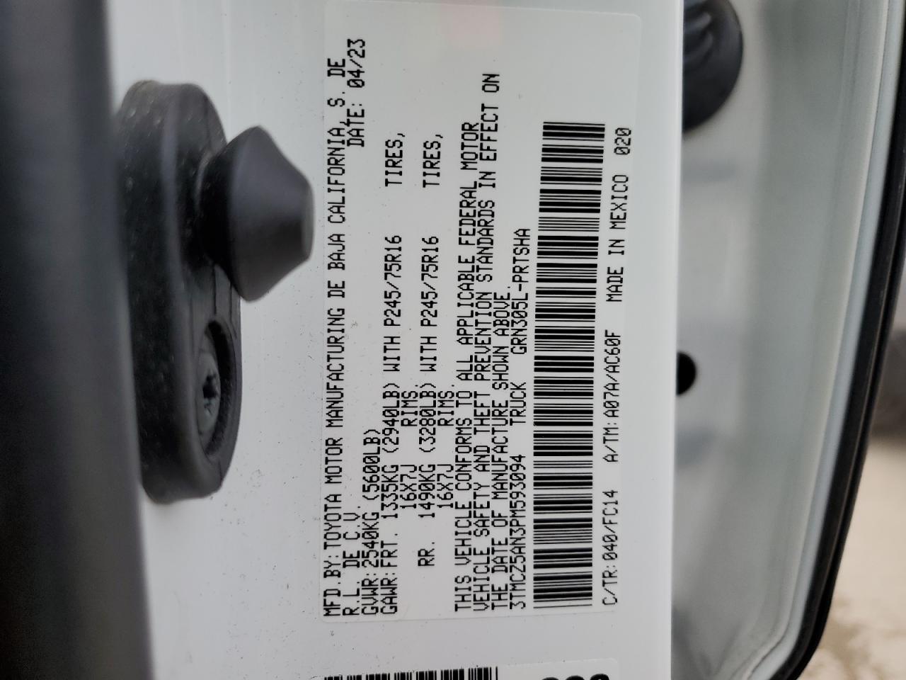 2023 TOYOTA TACOMA DOUBLE CAB VIN:3TMCZ5AN3PM593094