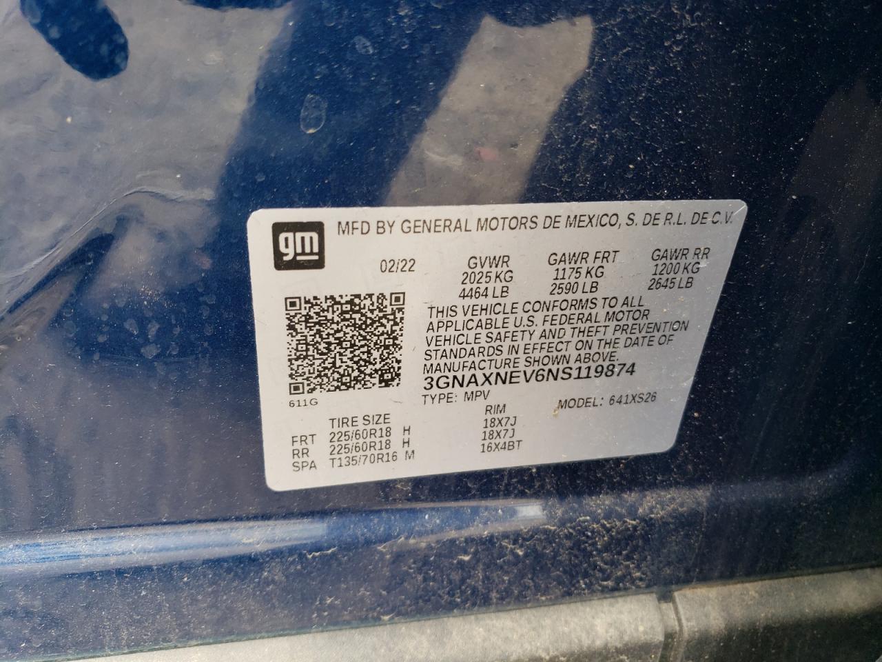 2022 CHEVROLET EQUINOX PREMIER VIN:3GNAXNEV6NS119874