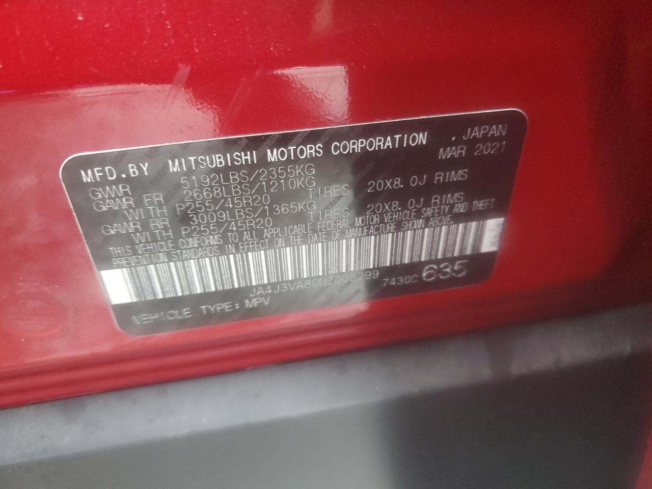 2022 MITSUBISHI OUTLANDER SEL VIN:JA4J3VA80NZ008299