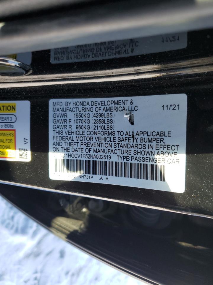 2022 HONDA ACCORD EXL VIN:1HGCV1F52NA002519