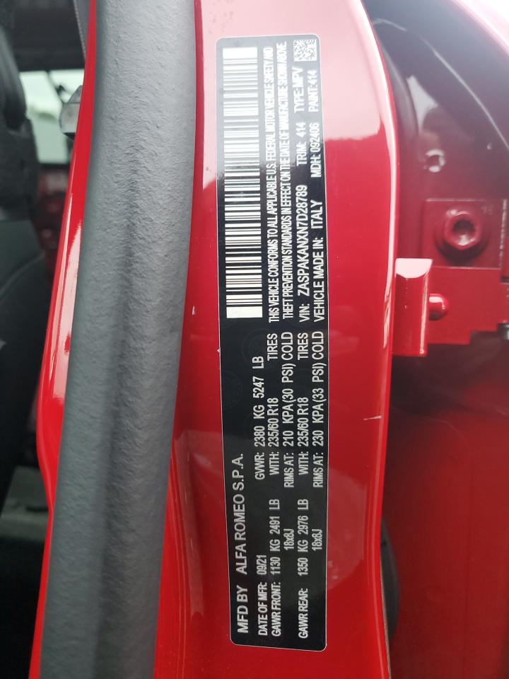 2022 ALFA ROMEO STELVIO VIN:ZASPAKANXN7D28789