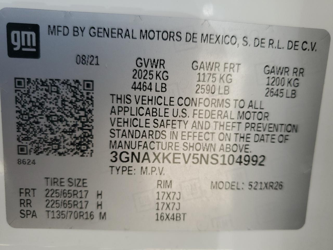 2022 CHEVROLET EQUINOX LT VIN:3GNAXKEV5NS104992
