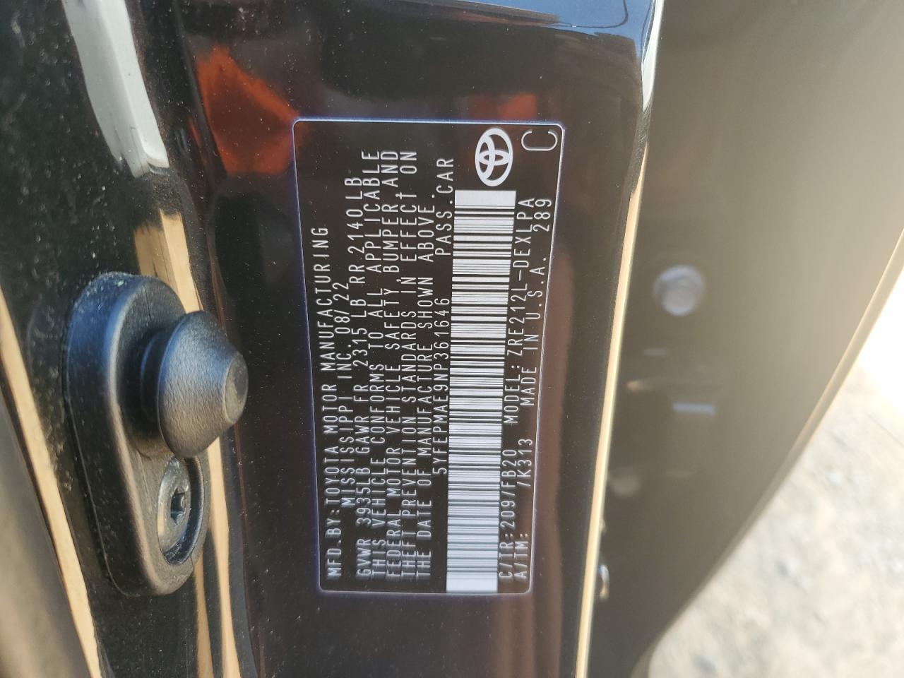 2022 TOYOTA COROLLA LE VIN:5YFEPMAE9NP361646