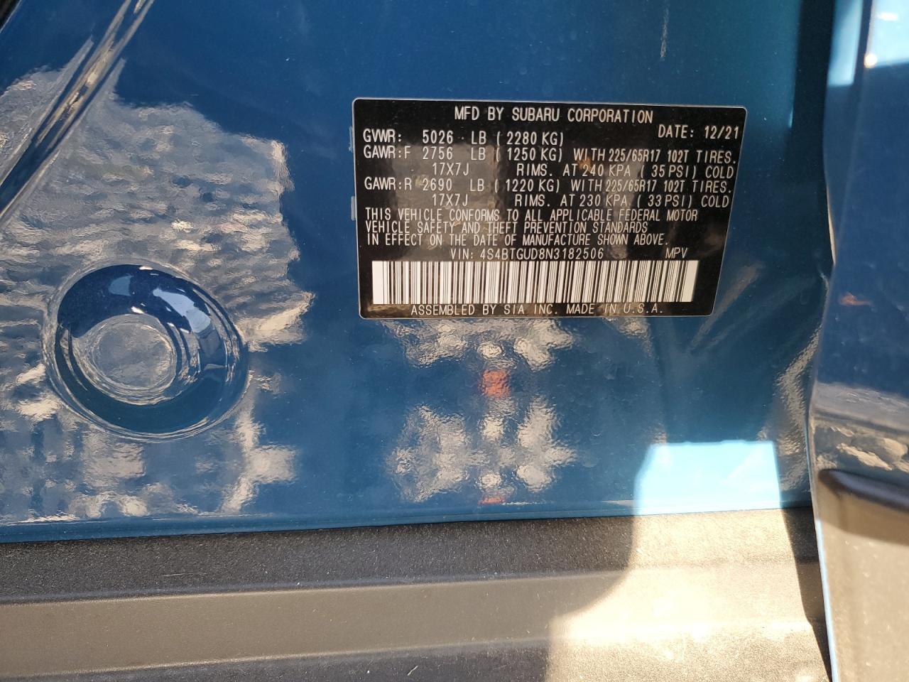 2022 SUBARU OUTBACK WILDERNESS VIN:4S4BTGUD8N3182506