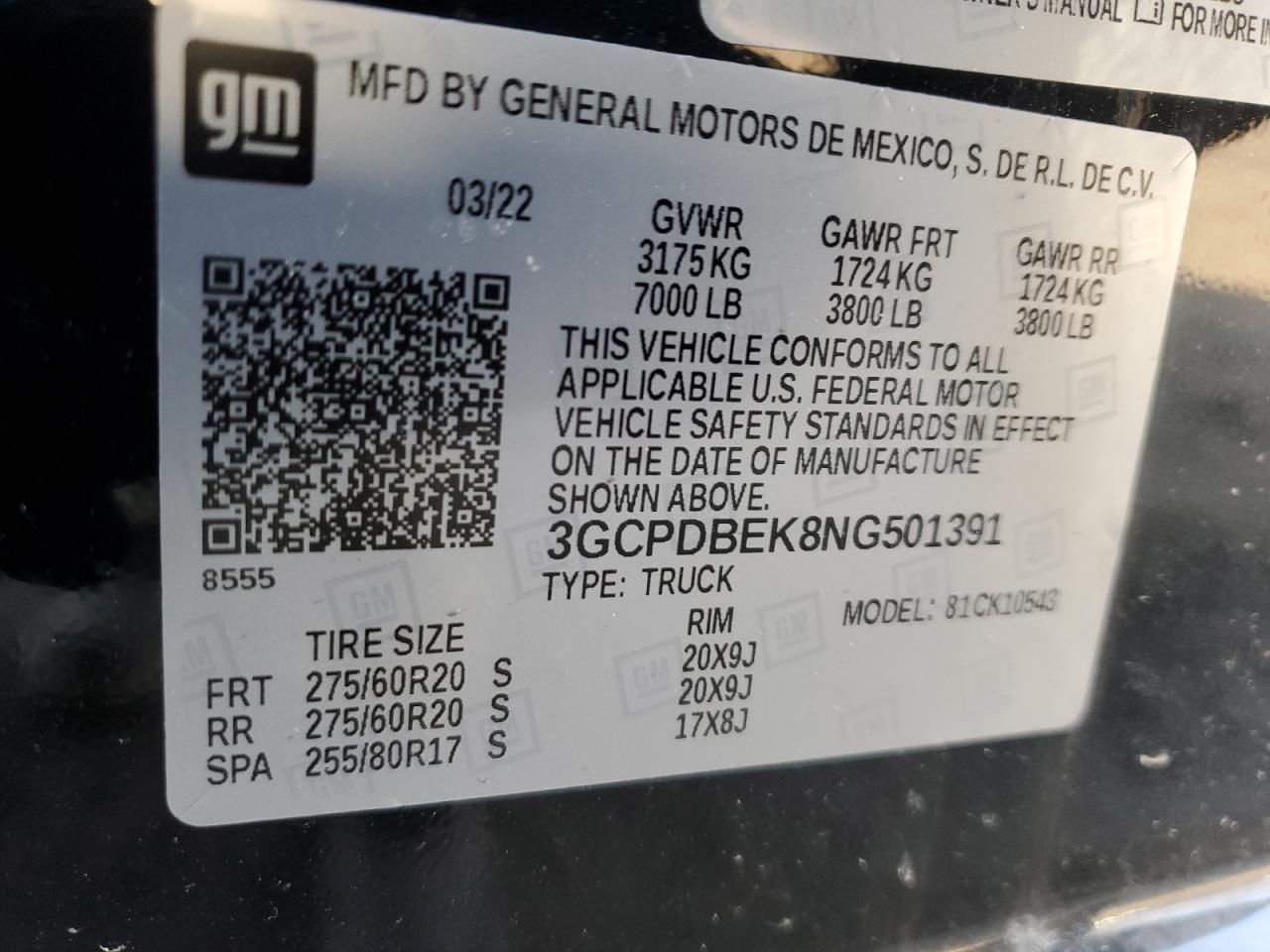 2022 CHEVROLET SILVERADO K1500 CUSTOM VIN:3GCPDBEK8NG501391