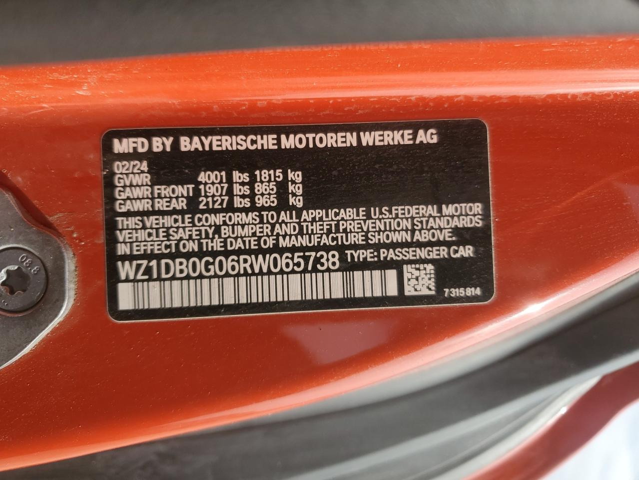 2024 TOYOTA SUPRA BASE VIN:WZ1DB0G06RW065738
