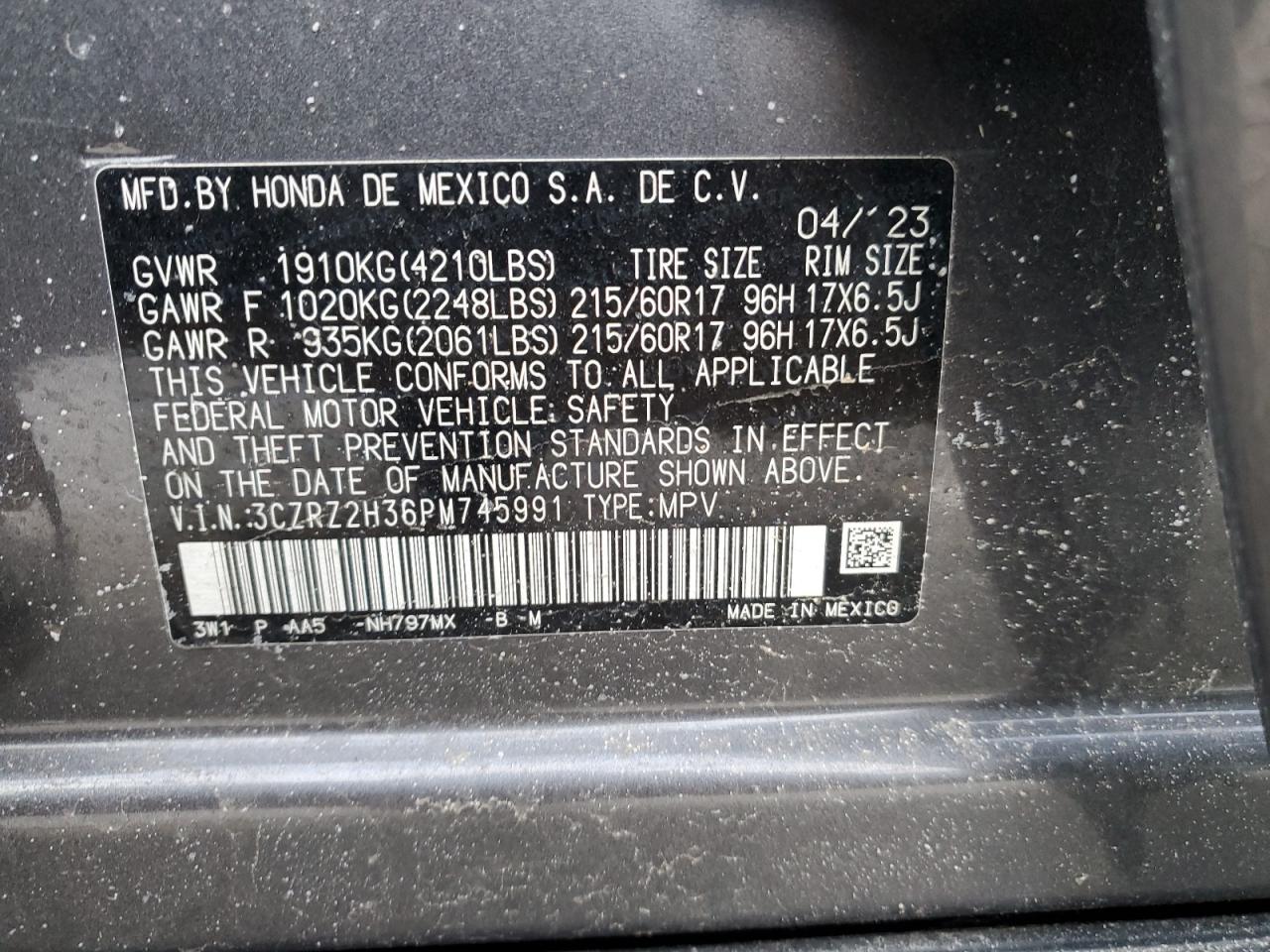 2023 HONDA HR-V LX VIN:3CZRZ2H36PM745991