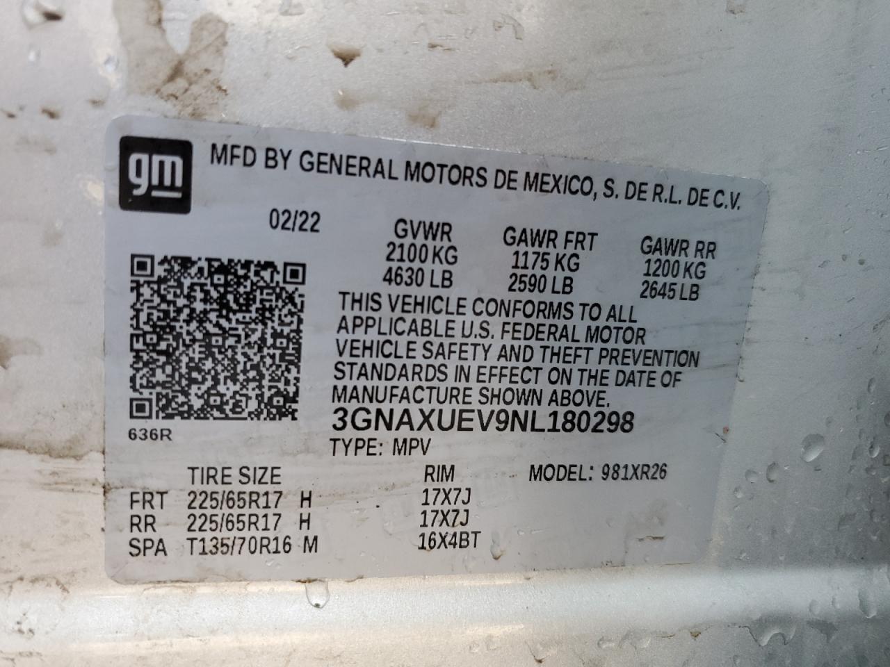 2022 CHEVROLET EQUINOX LT VIN:3GNAXUEV9NL180298