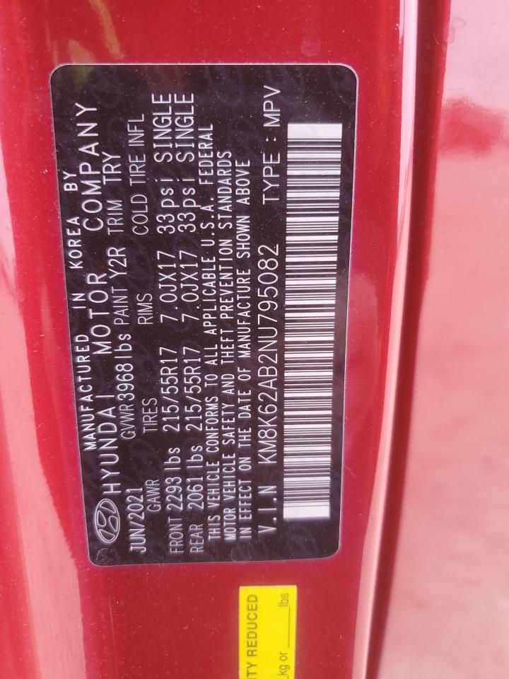 2022 HYUNDAI KONA SEL VIN:KM8K62AB2NU795082