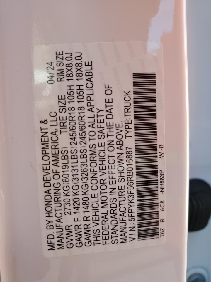 2024 HONDA RIDGELINE RTL VIN:5FPYK3F56RB016887