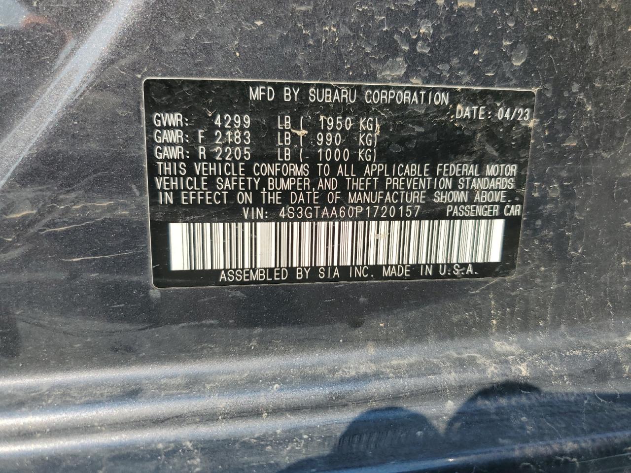 2023 SUBARU IMPREZA VIN:4S3GTAA60P1720157