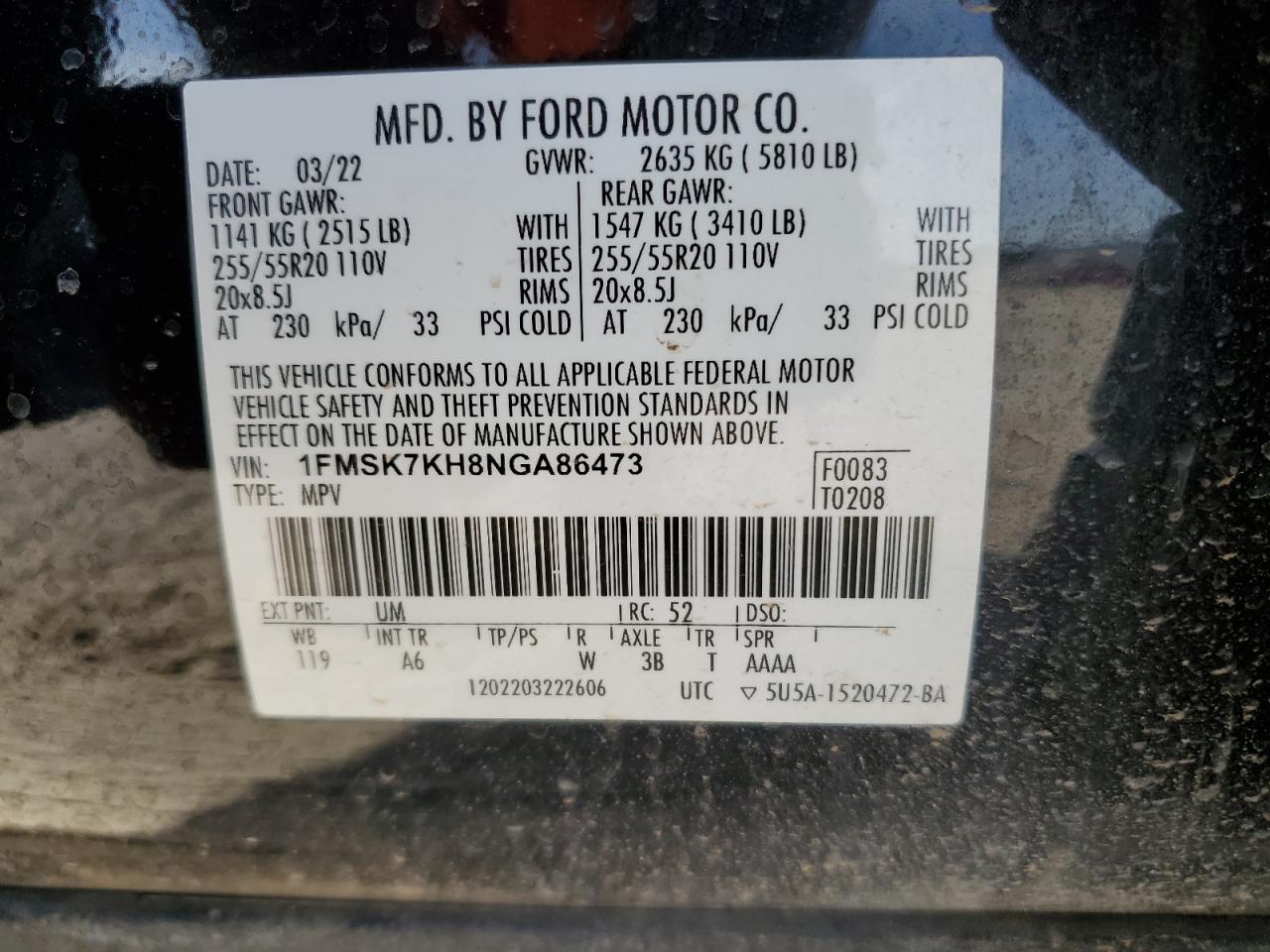 2022 FORD EXPLORER ST-LINE VIN:1FMSK7KH8NGA86473