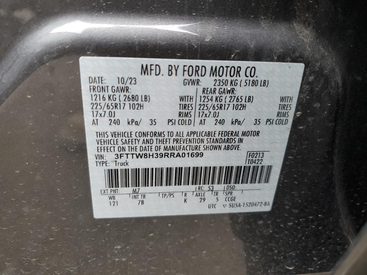 2024 FORD MAVERICK XLT VIN:3FTTW8H39RRA01699