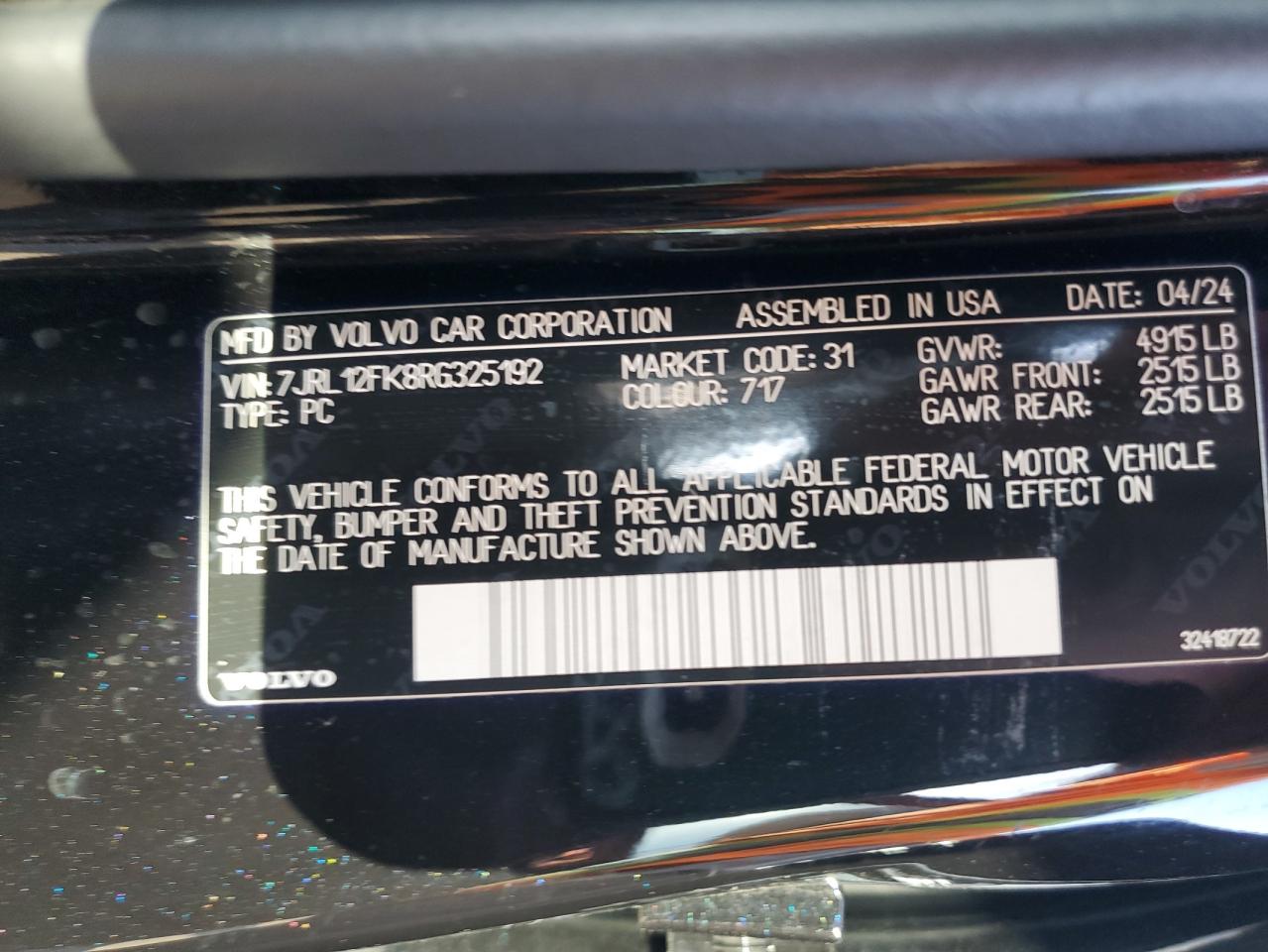 2024 VOLVO S60 CORE VIN:7JRL12FK8RG325192