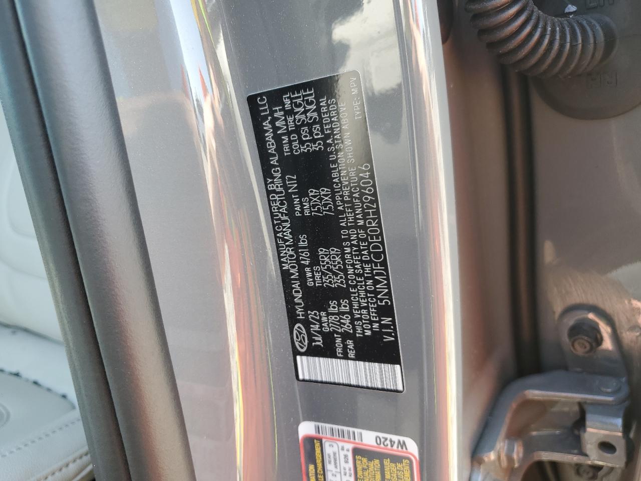 2024 HYUNDAI TUCSON SEL VIN:5NMJFCDE0RH296046