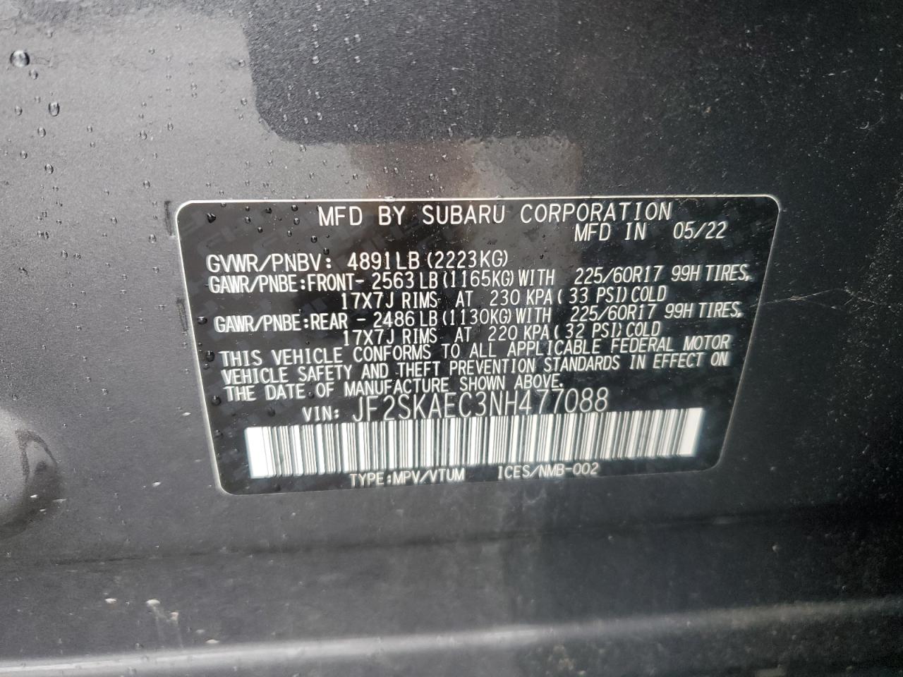 2022 SUBARU FORESTER PREMIUM VIN:JF2SKAEC3NH477088