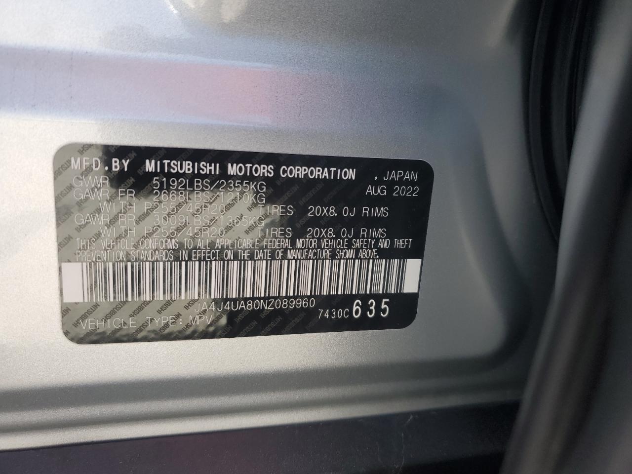 2022 MITSUBISHI OUTLANDER SE VIN:JA4J4UA80NZ089960