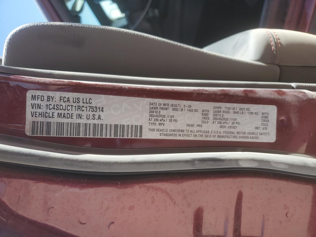 2024 DODGE DURANGO R/T VIN:1C4SDJCT1RC175314