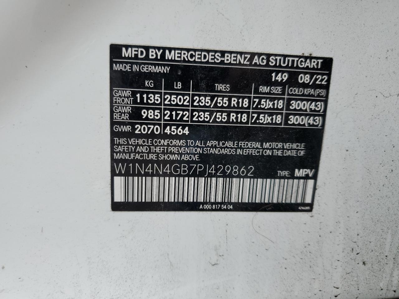 2023 MERCEDES-BENZ GLA 250 VIN:W1N4N4GB7PJ429862