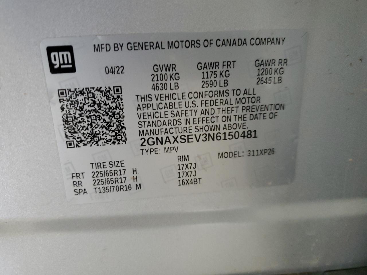 2022 CHEVROLET EQUINOX LS VIN:2GNAXSEV3N6150481