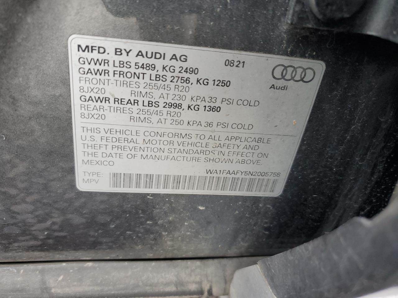 2022 AUDI Q5 PRESTIGE 45 VIN:WA1FAAFY5N2005758