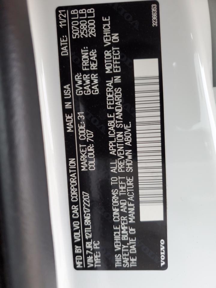 2022 VOLVO S60 B5 INSCRIPTION VIN:7JRL12TL8NG172207