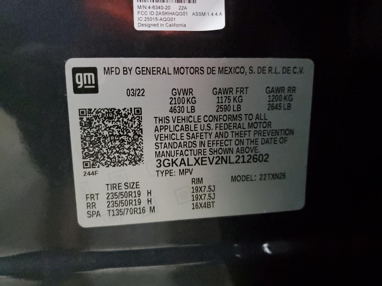 2022 GMC TERRAIN DENALI VIN:3GKALXEV2NL212602