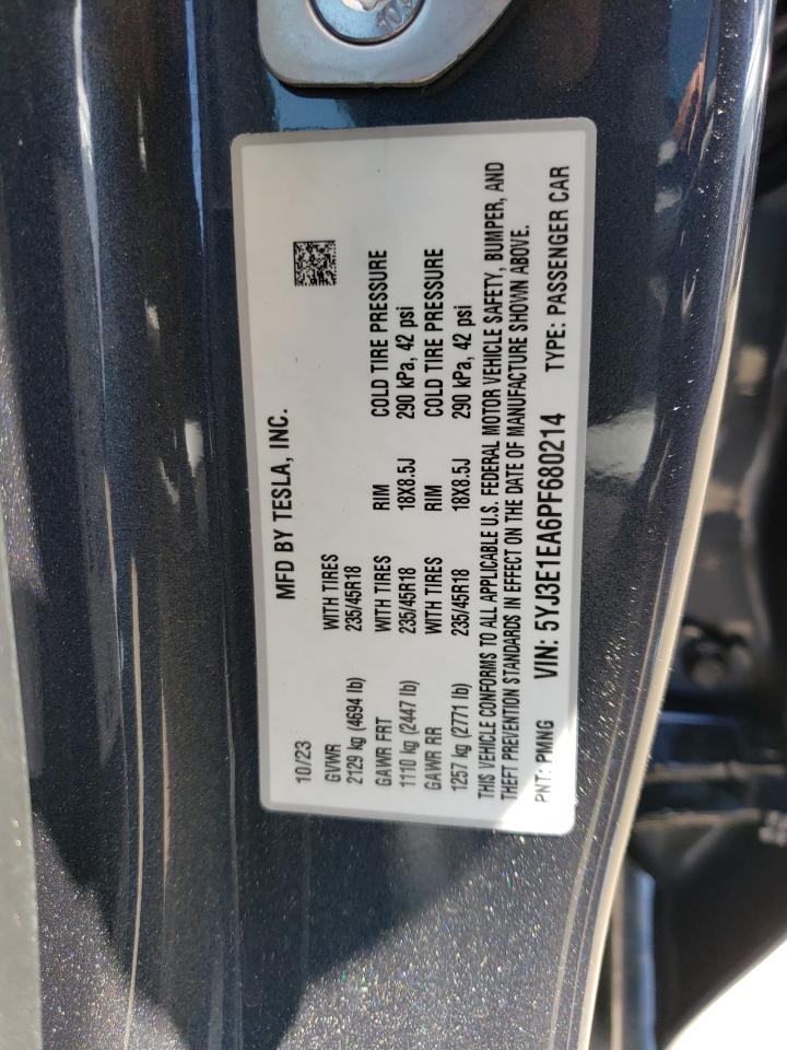 2023 TESLA MODEL 3 VIN:5YJ3E1EA6PF680214