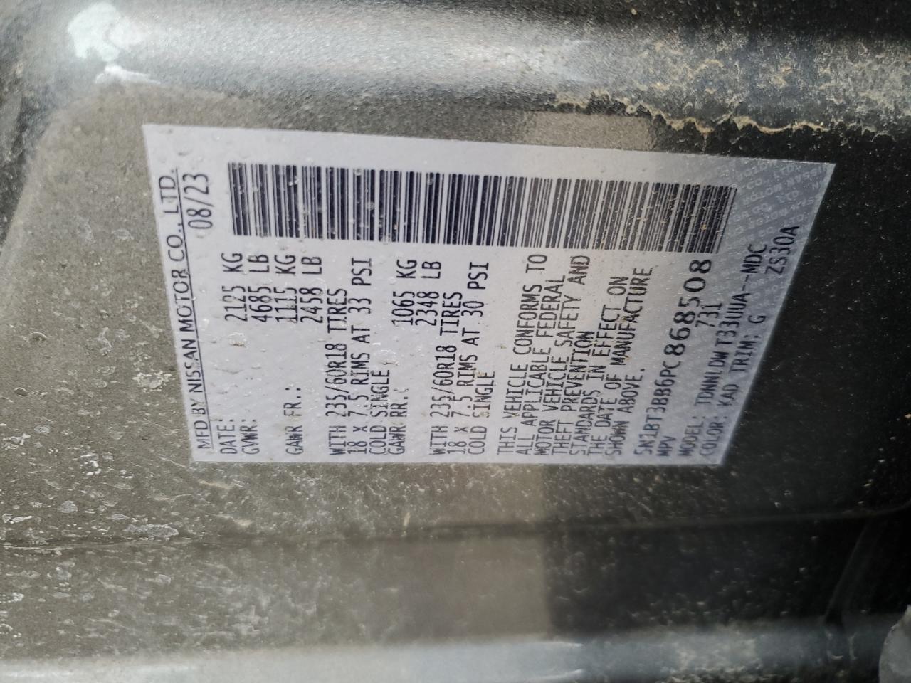 2023 NISSAN ROGUE SV VIN:5N1BT3BB6PC868508